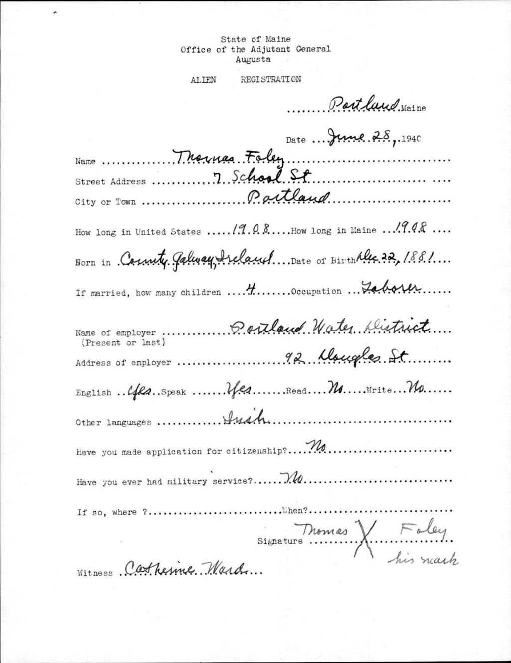 Miniature of Alien Registration- Foley, Thomas (Portland, Cumberland County)
