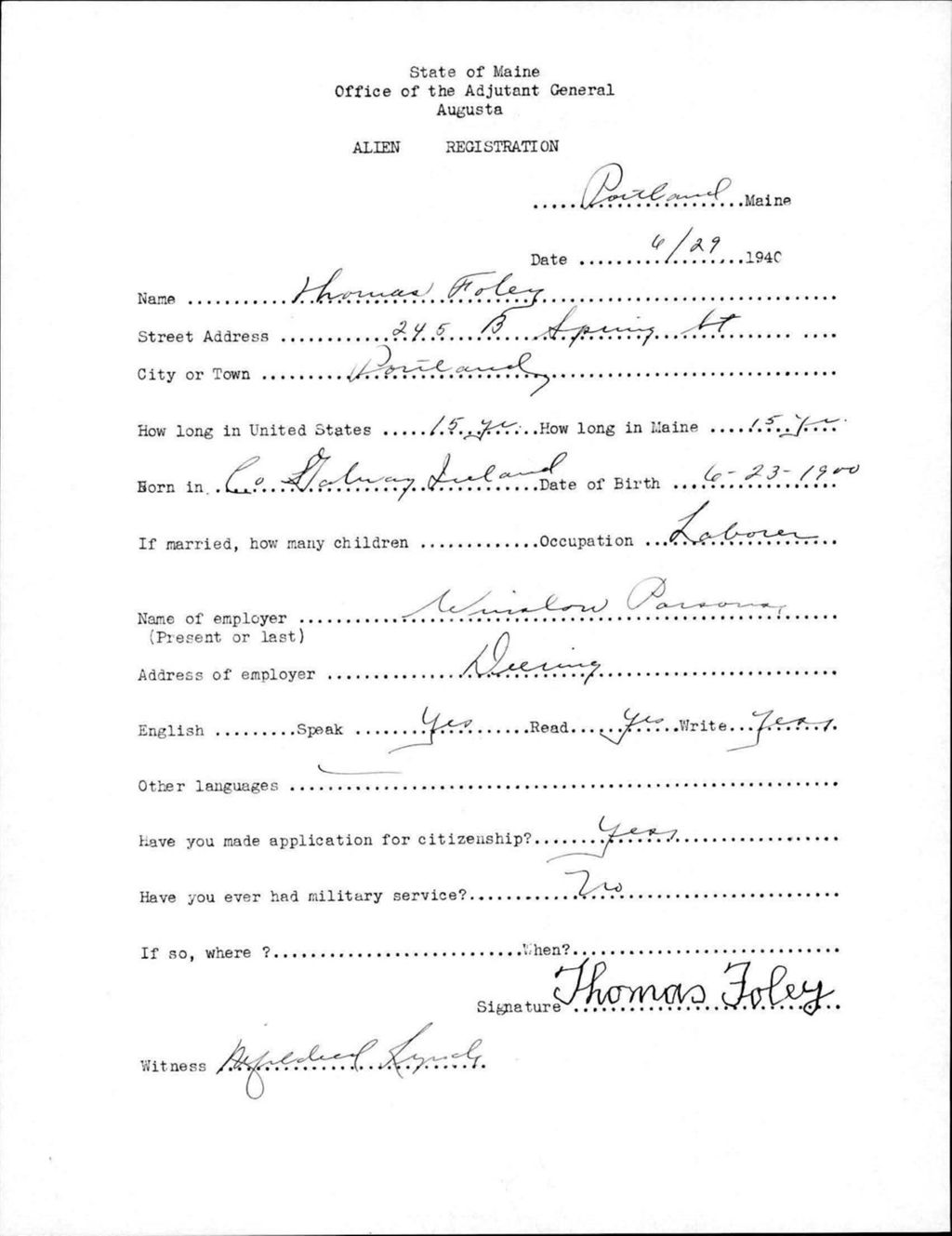 Miniature of Alien Registration- Foley, Thomas (Portland, Cumberland County)