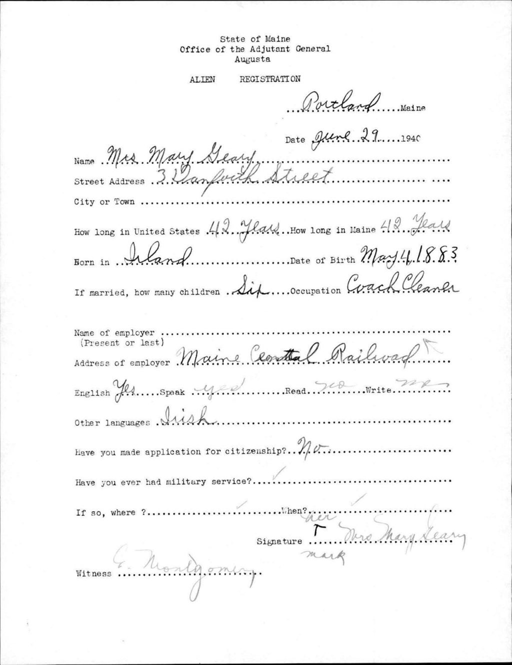 Miniature of Alien Registration- Geary, Mary (Portland, Cumberland County)