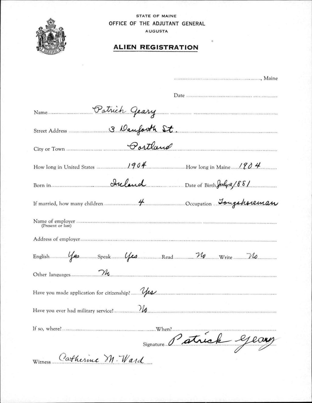 Miniature of Alien Registration- Geary, Patrick (Portland, Cumberland County)