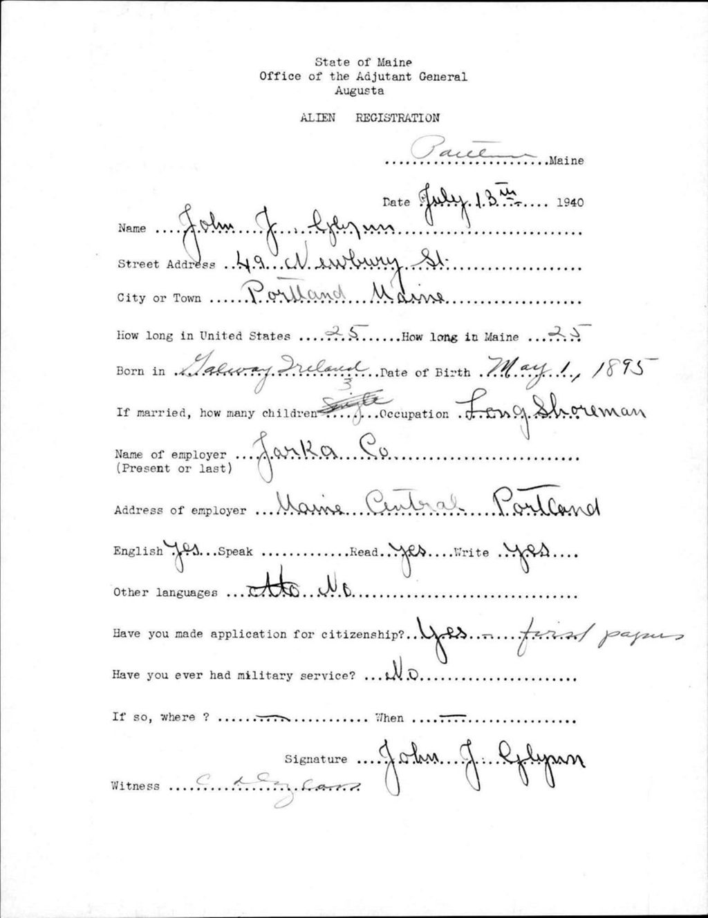 Miniature of Alien Registration- Glynn, John J. (Portland, Cumberland County)