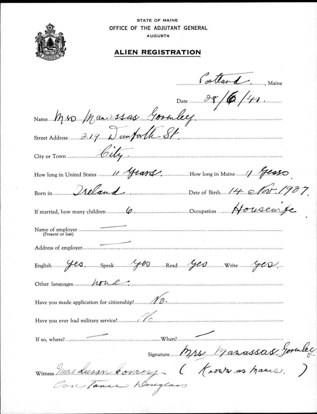 Miniature of Alien Registration- Gromley, Manassas (Portland, Cumberland County)