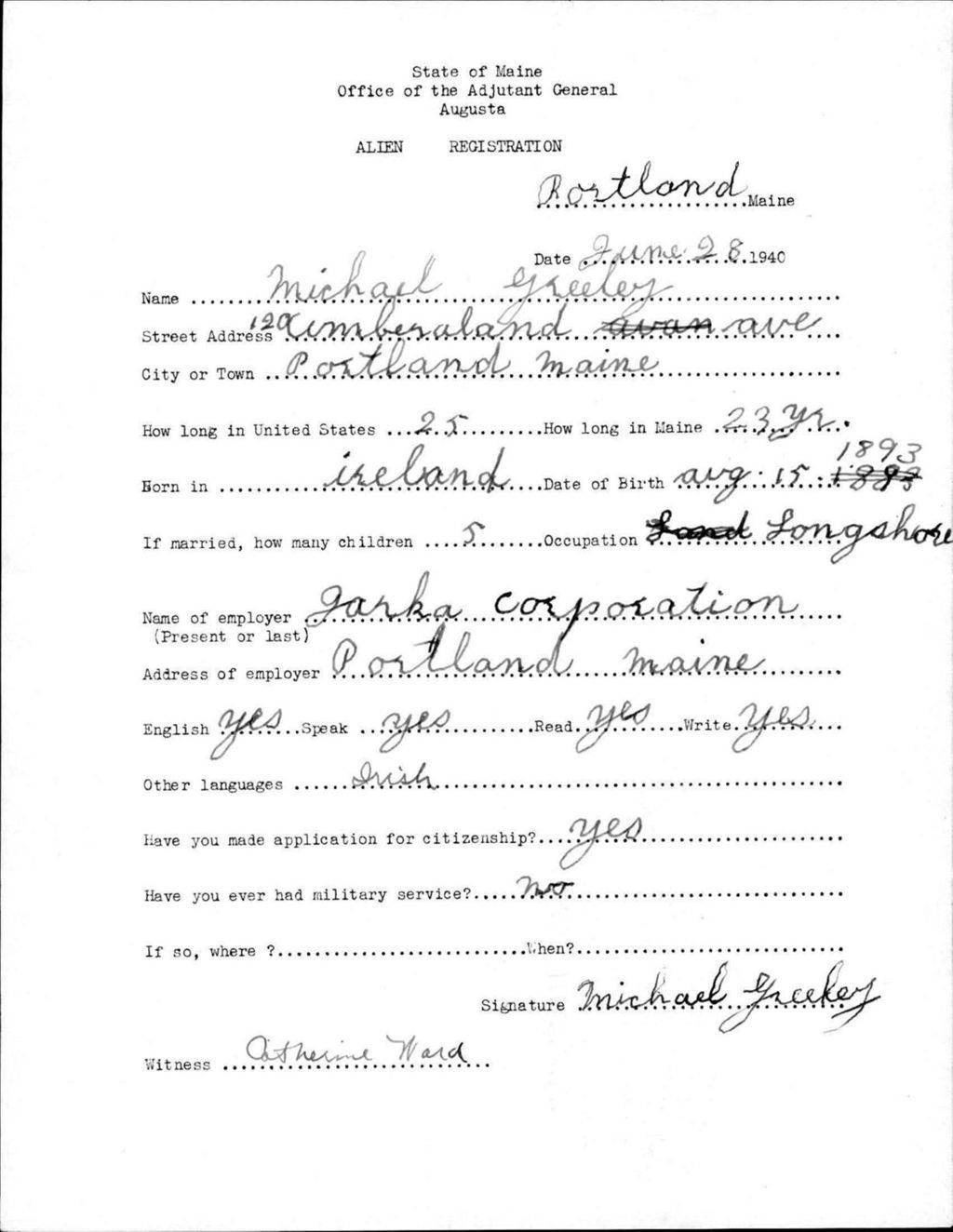 Miniature of Alien Registration- Greeley, Michael (Portland, Cumberland County)