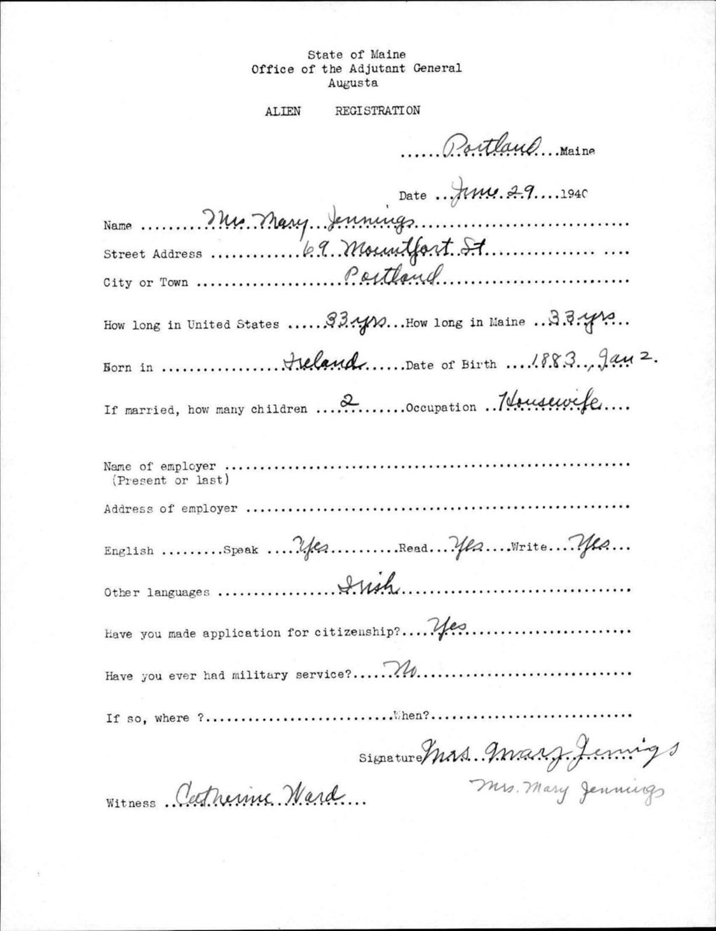 Miniature of Alien Registration- Jennings, Mary (Portland, Cumberland County)