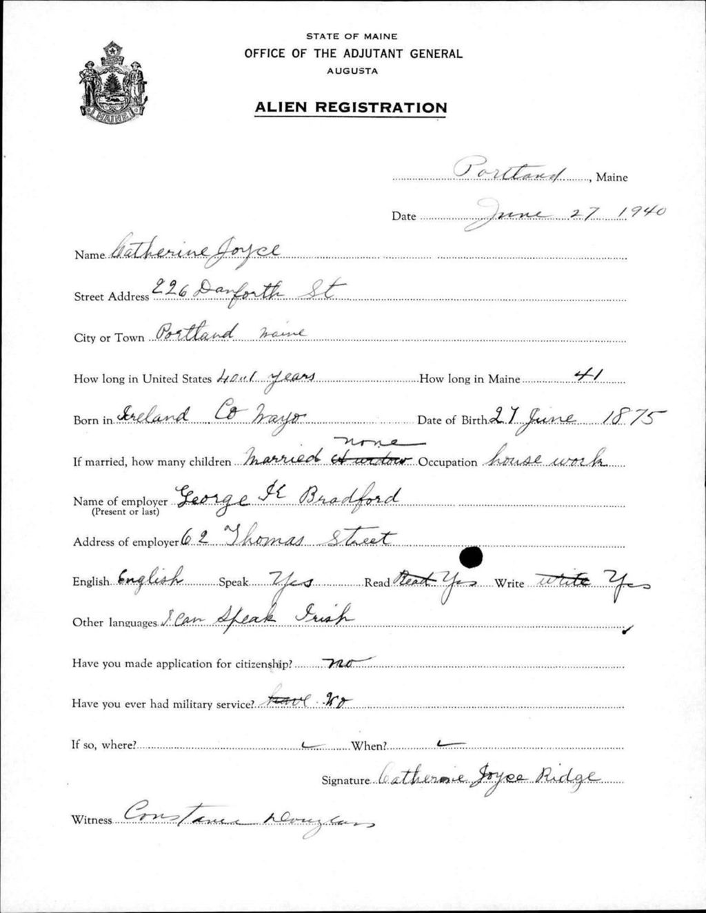 Miniature of Alien Registration- Joyce, Catherine (Portland, Cumberland County)
