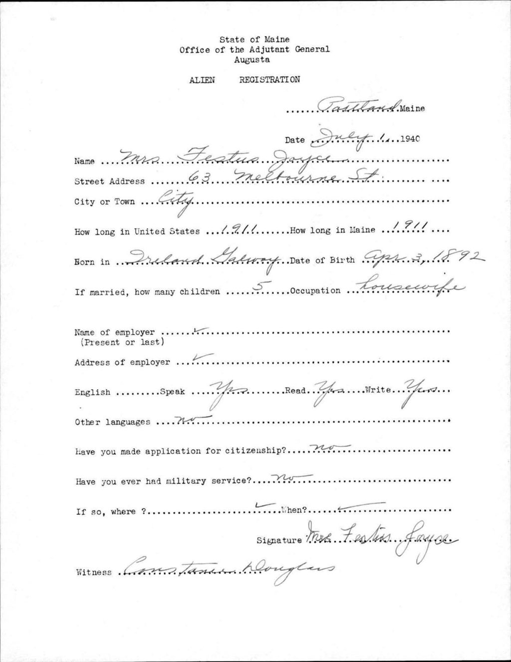 Miniature of Alien Registration- Joyce, Festus (Portland, Cumberland County)