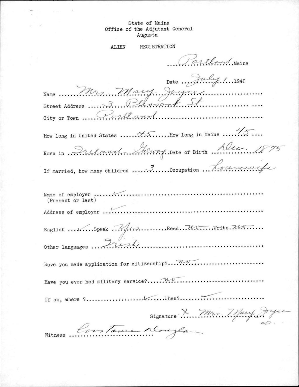 Miniature of Alien Registration- Joyce, Mary (Portland, Cumberland County)