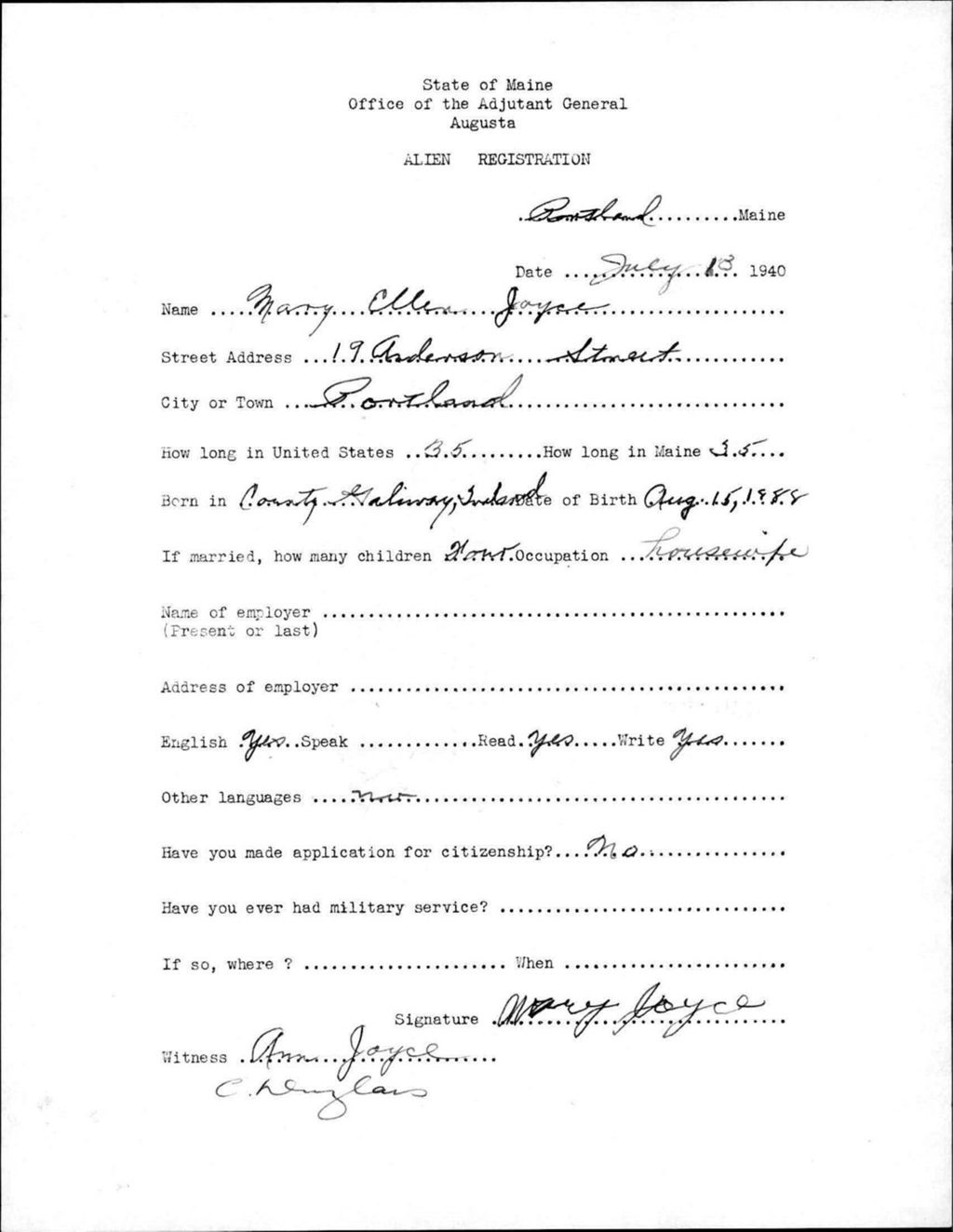 Miniature of Alien Registration- Joyce, Mary E. (Portland, Cumberland County)