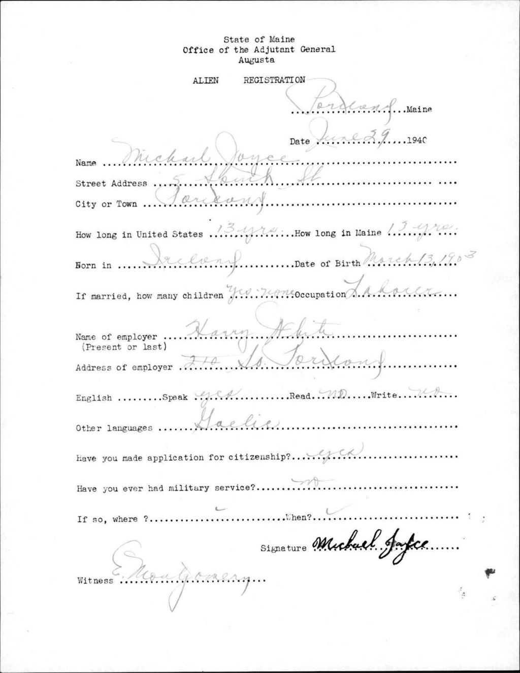 Miniature of Alien Registration- Joyce, Michael (Portland, Cumberland County)