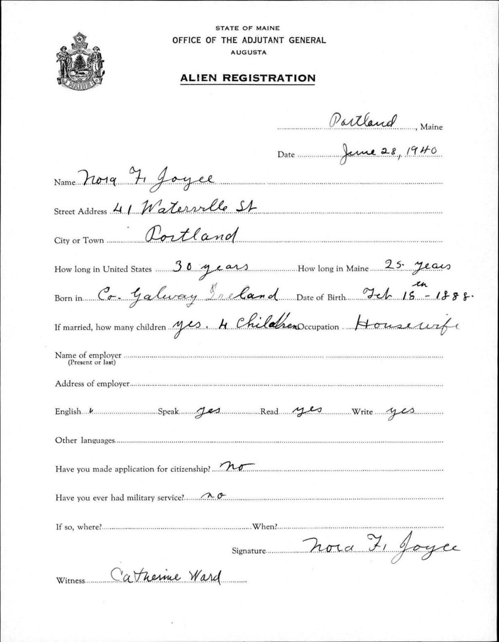 Miniature of Alien Registration- Joyce, Nora F. (Portland, Cumberland County)