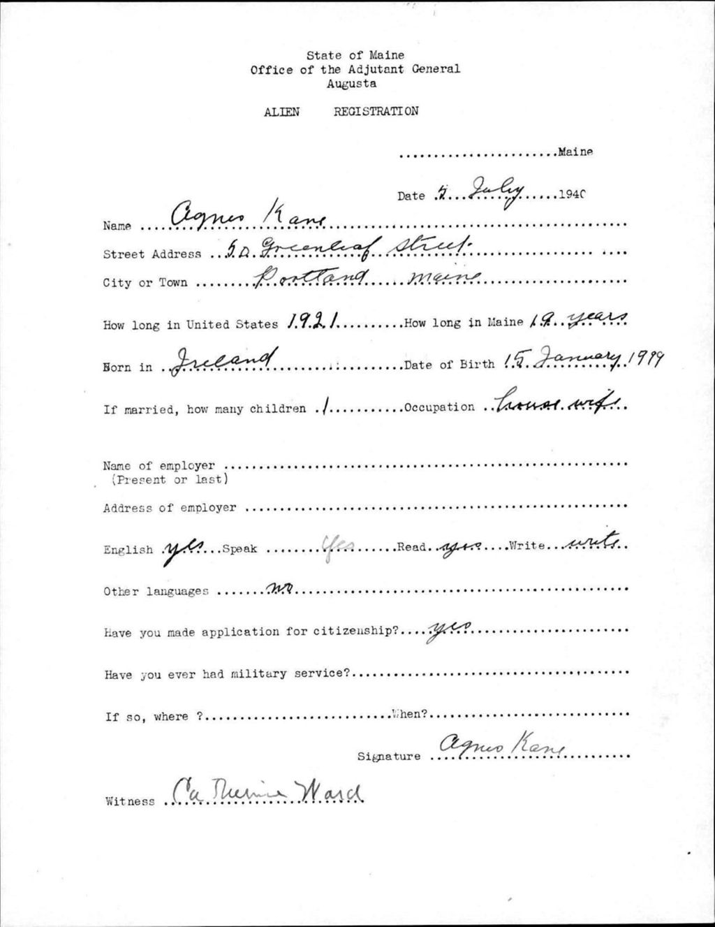 Miniature of Alien Registration- Kane, Agnes (Portland, Cumberland County)