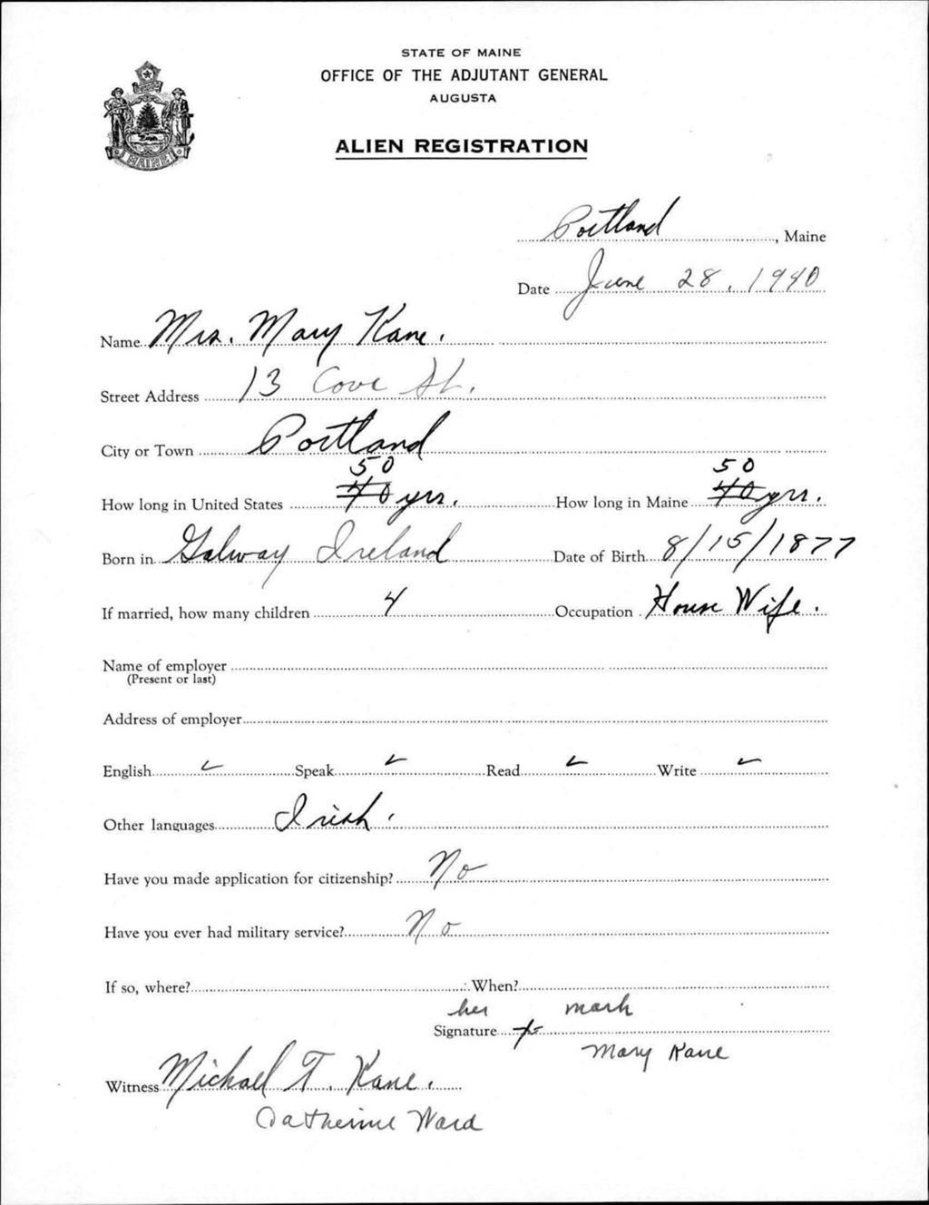 Miniature of Alien Registration- Kane, Mary (Portland, Cumberland County)