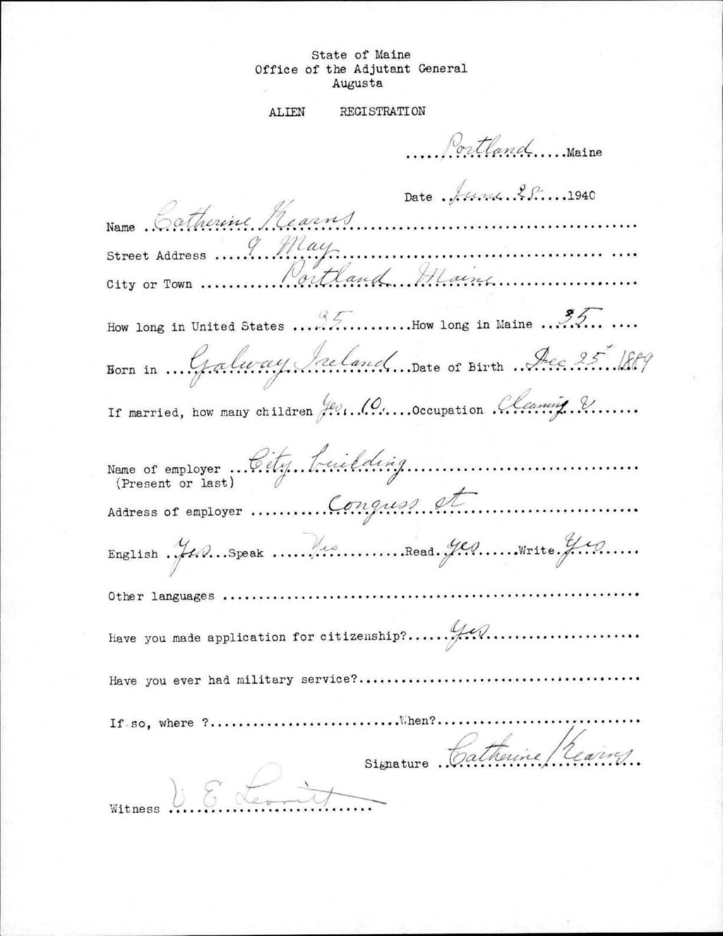 Miniature of Alien Registration- Kearns, Catherine (Portland, Cumberland County)