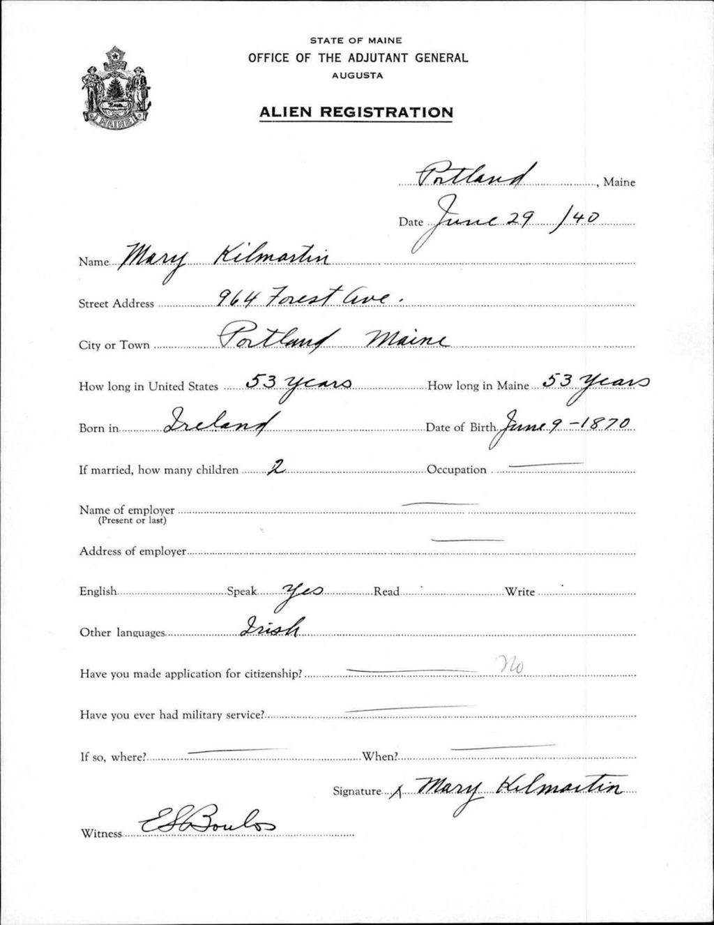 Miniature of Alien Registration- Kilmartin, Mary (Portland, Cumberland County)