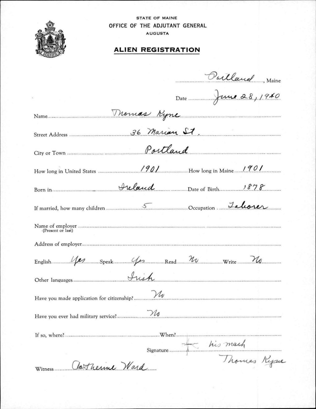 Miniature of Alien Registration- Kyne, Thomas (Portland, Cumberland County)