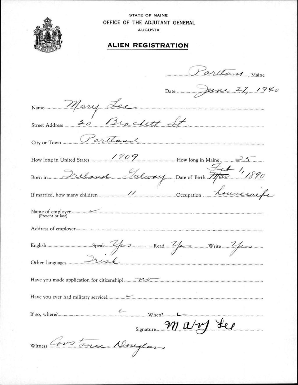 Miniature of Alien Registration- Lee, Mary (Portland, Cumberland County)