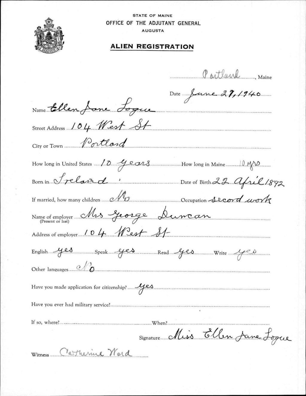 Miniature of Alien Registration- Logue, Ellen J. (Portland, Cumberland County)