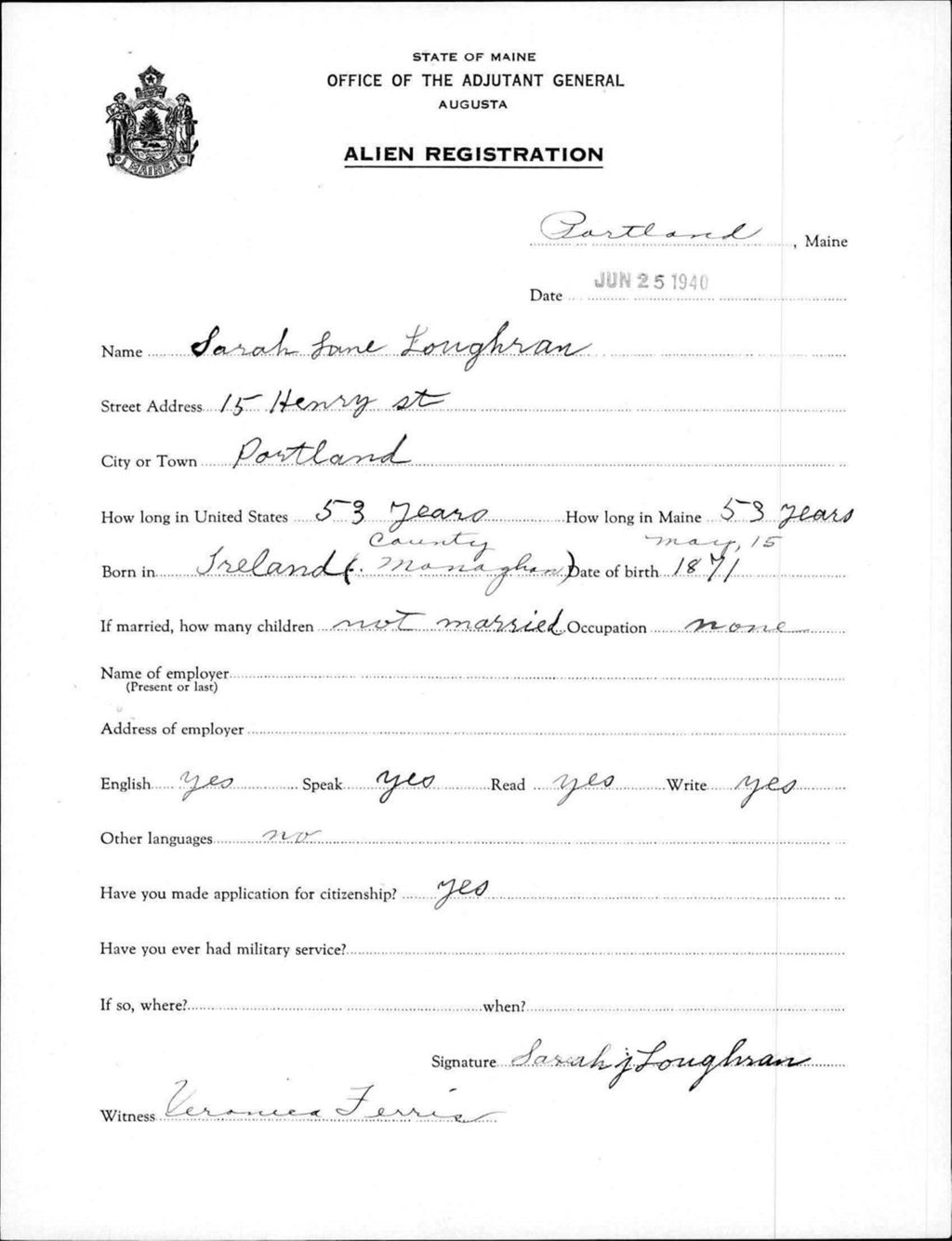 Miniature of Alien Registration- Loughran, Sarah J. (Portland, Cumberland County)