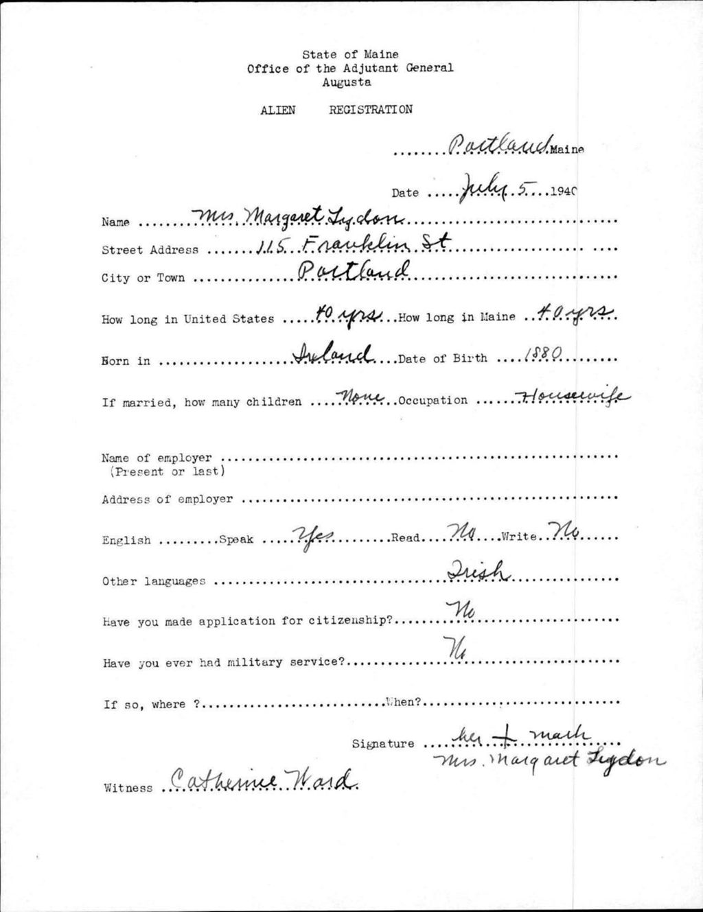 Miniature of Alien Registration- Lydon, Margaret (Portland, Cumberland County)