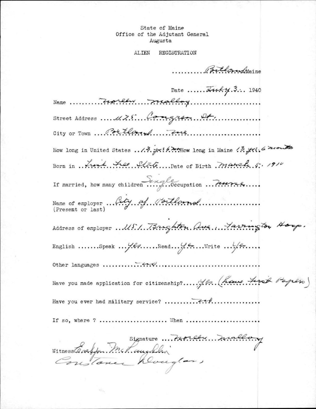 Miniature of Alien Registration- Malloy, Noreen (Portland, Cumberland County)