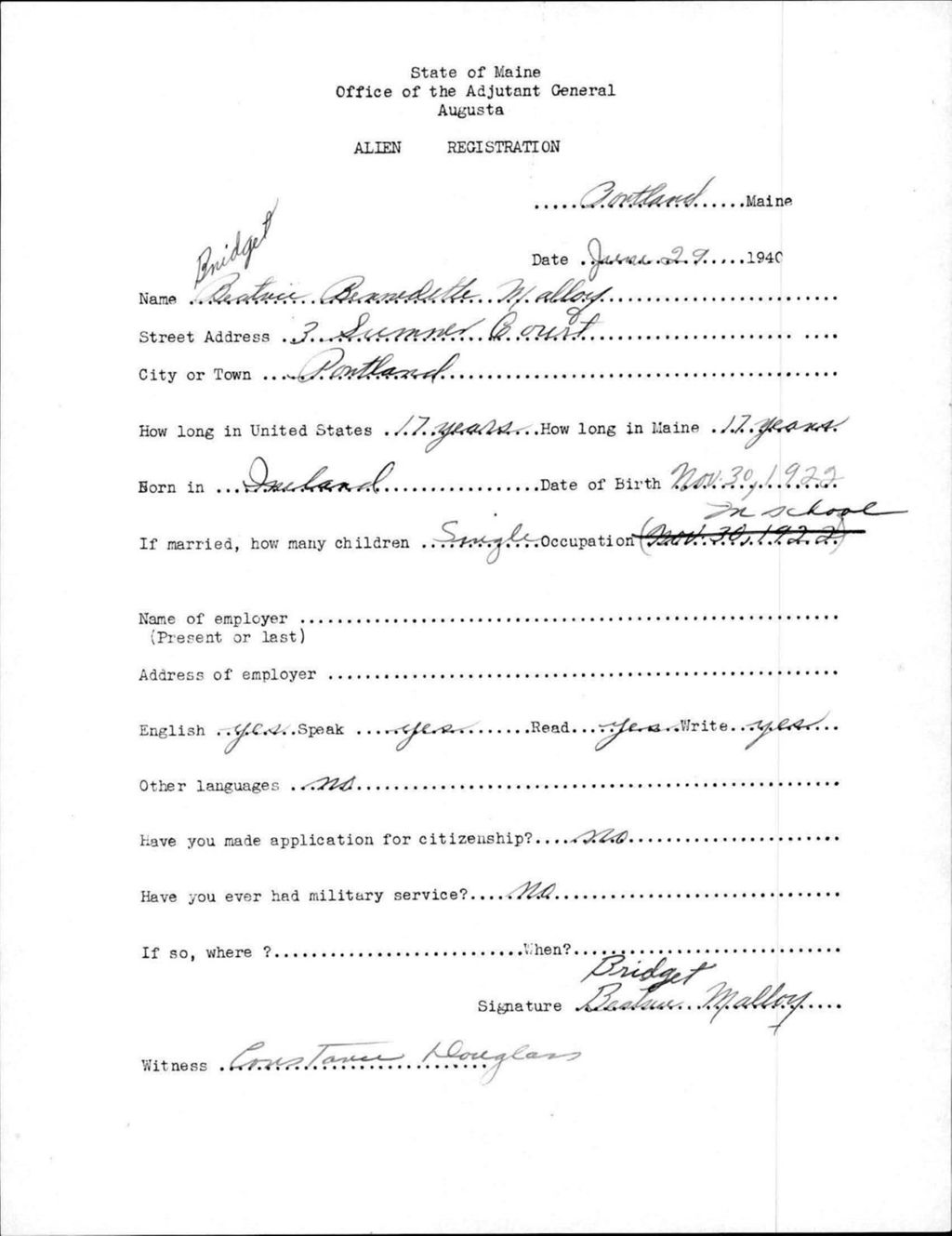 Miniature of Alien Registration- Malloy, Bridget Beatrice B. (Portland, Cumberland County)