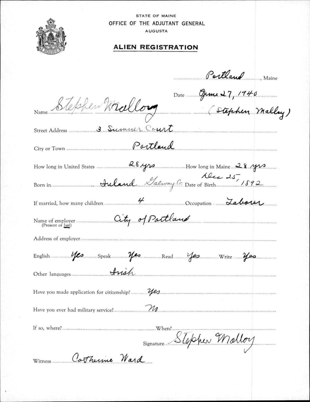 Miniature of Alien Registration- Malloy, Stephen (Portland, Cumberland County)