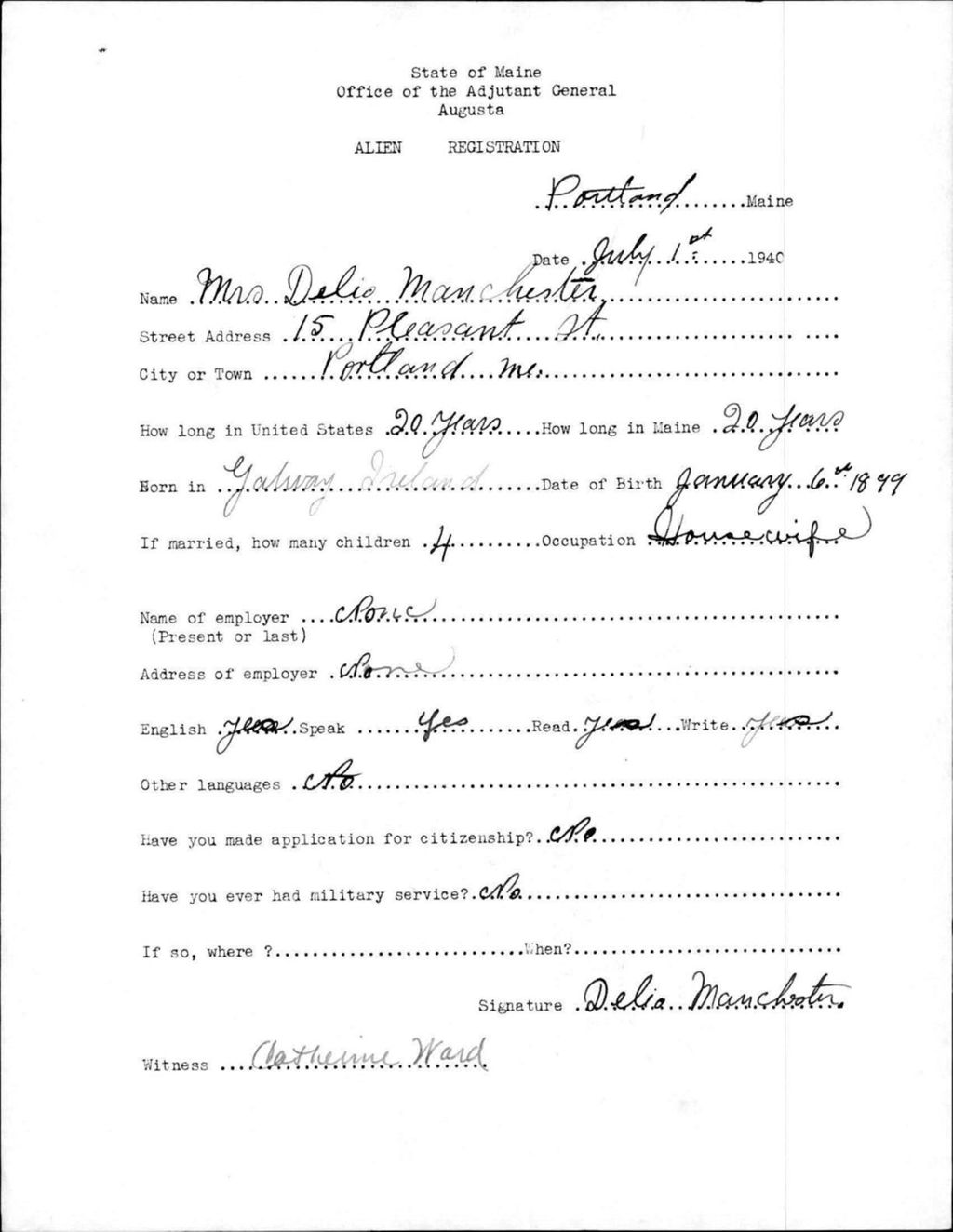 Miniature of Alien Registration- Manchester, Delia (Portland, Cumberland County)