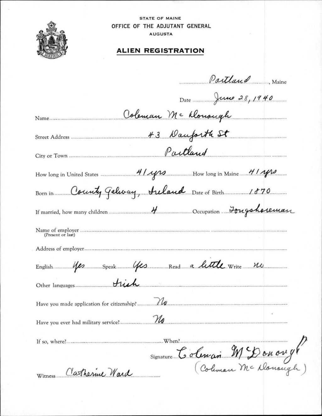 Miniature of Alien Registration- Mcdonough, Coleman (Portland, Cumberland County)