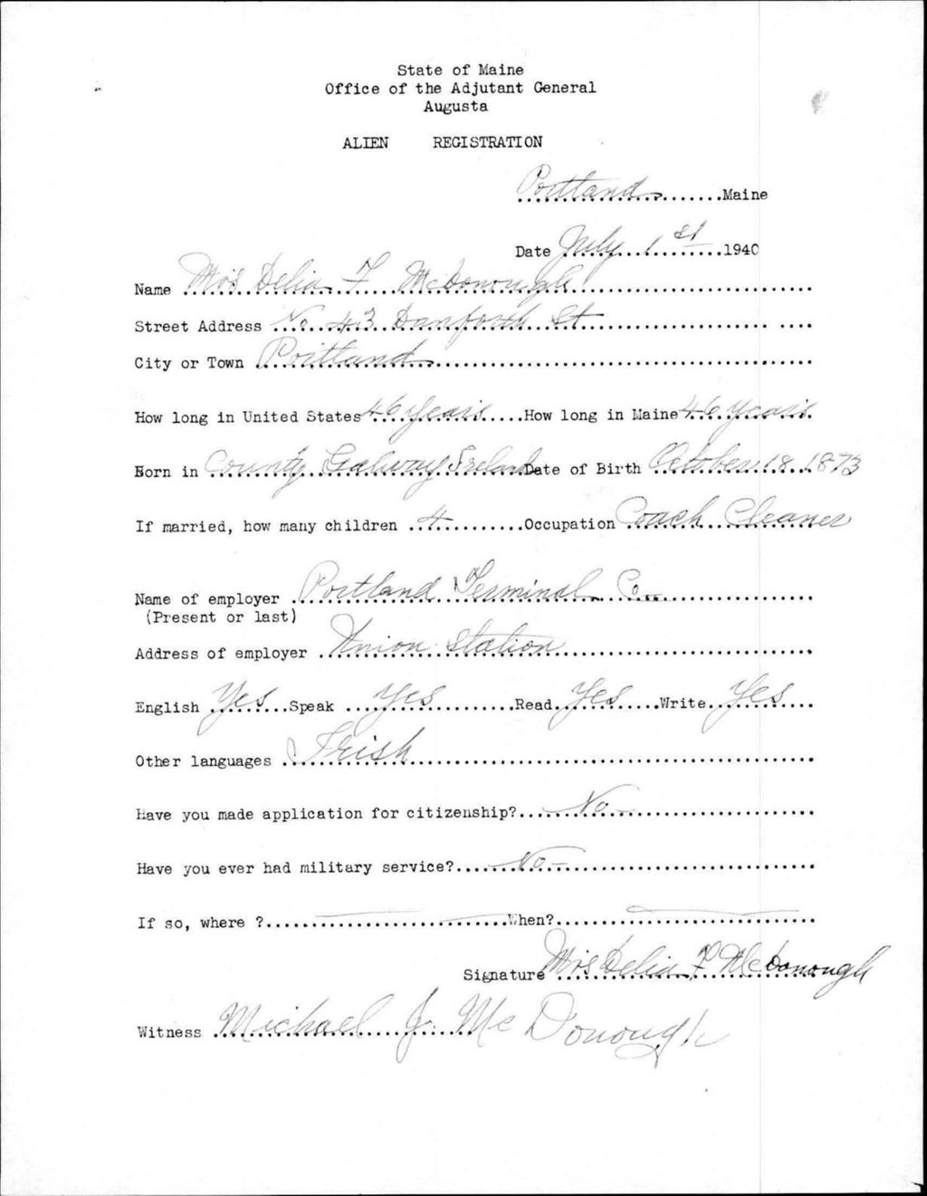 Miniature of Alien Registration- Mcdonough, Delia F. (Portland, Cumberland County)