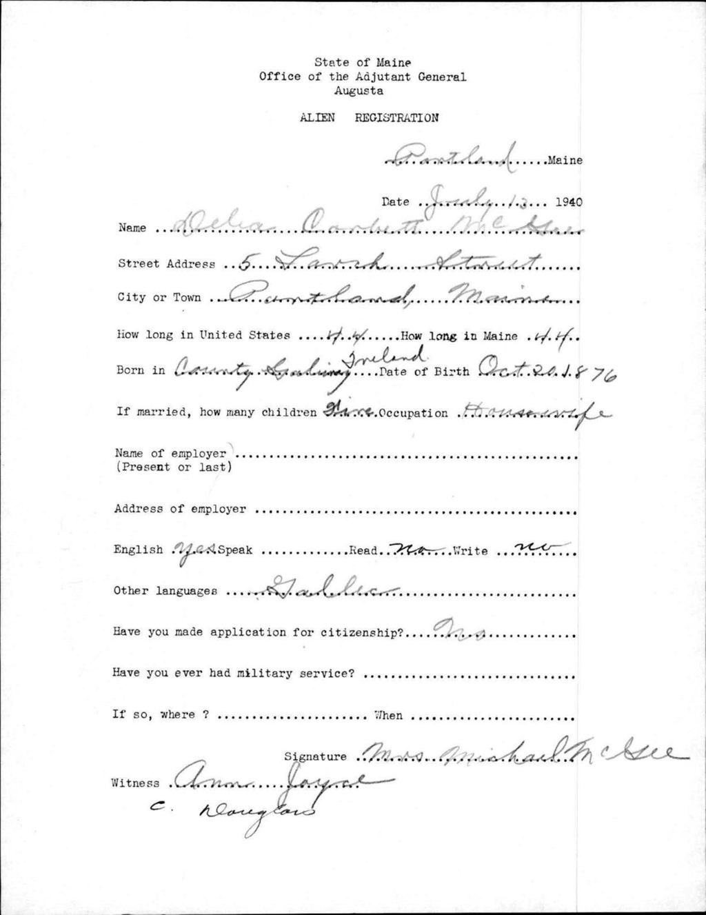 Miniature of Alien Registration- Corbett, Delia (Portland, Cumberland County)