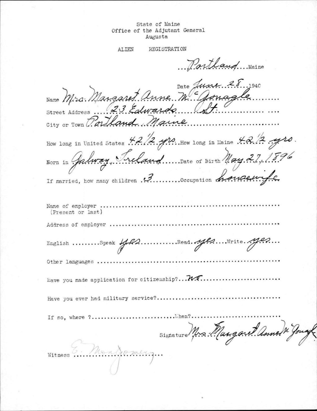 Miniature of Alien Registration- Mcgonagle, Margaret A. (Portland, Cumberland County)