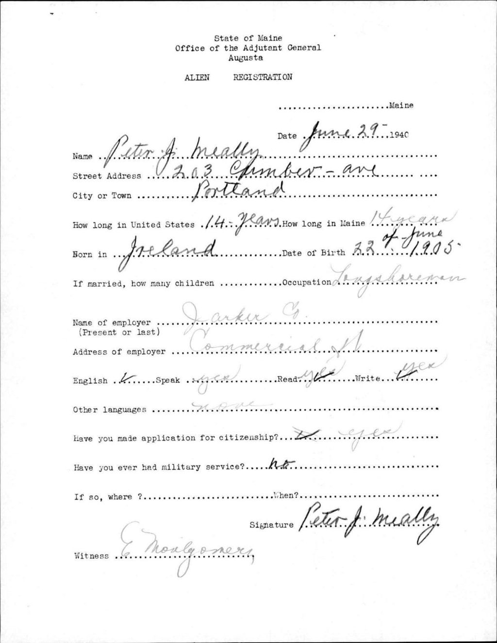 Miniature of Alien Registration- Meally, Peter J. (Portland, Cumberland County)
