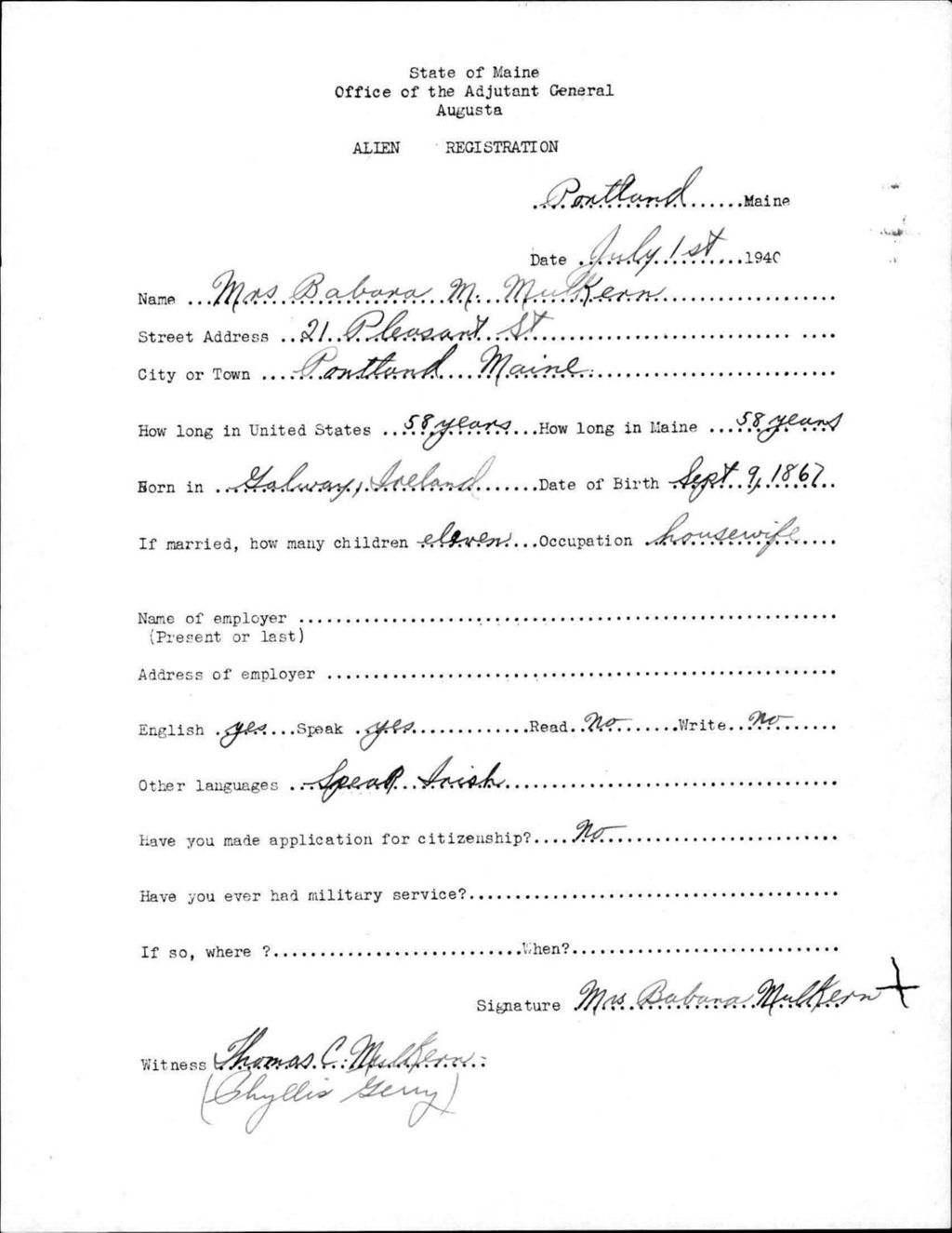 Miniature of Alien Registration- Mulkern, Barbara M. (Portland, Cumberland County)