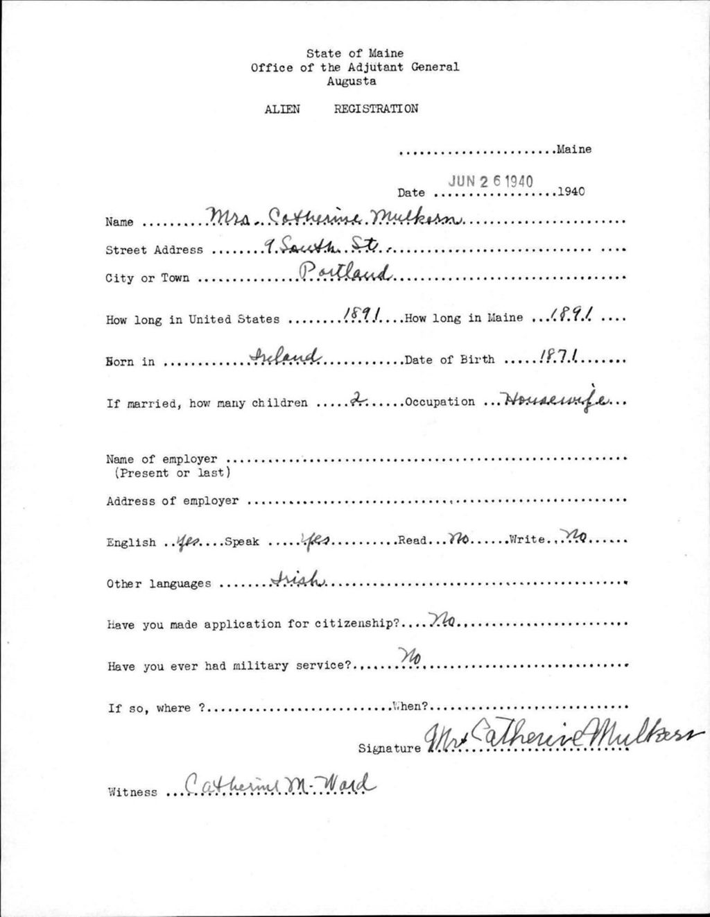 Miniature of Alien Registration- Mulkern, Catherine (Portland, Cumberland County)