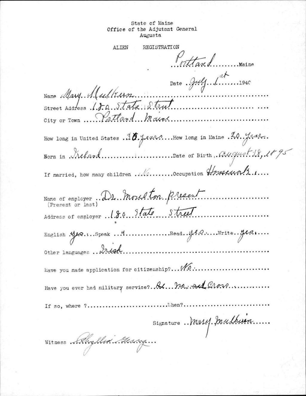 Miniature of Alien Registration- Mulkern, Mary (Portland, Cumberland County)