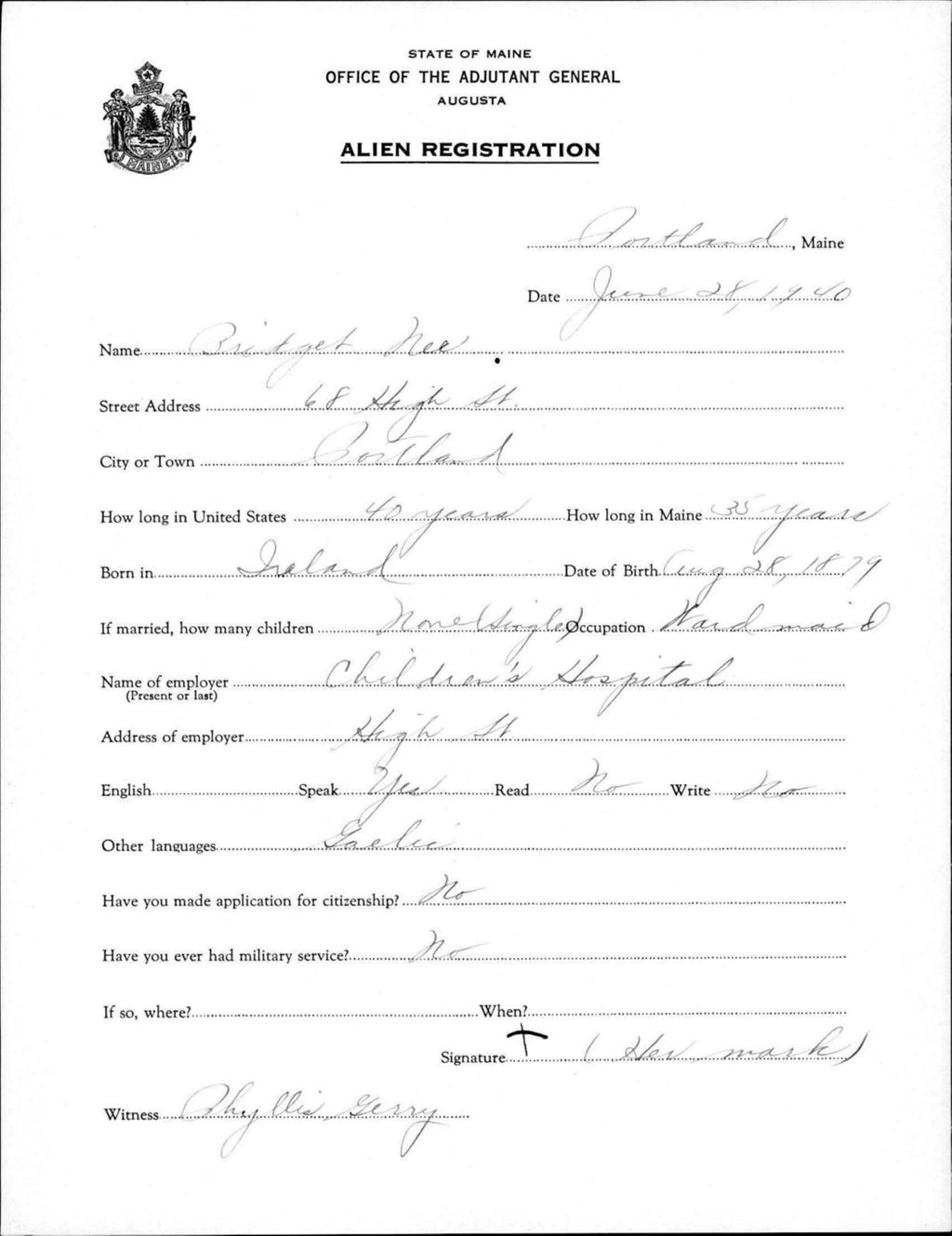 Miniature of Alien Registration- Nee, Bridget (Portland, Cumberland County)