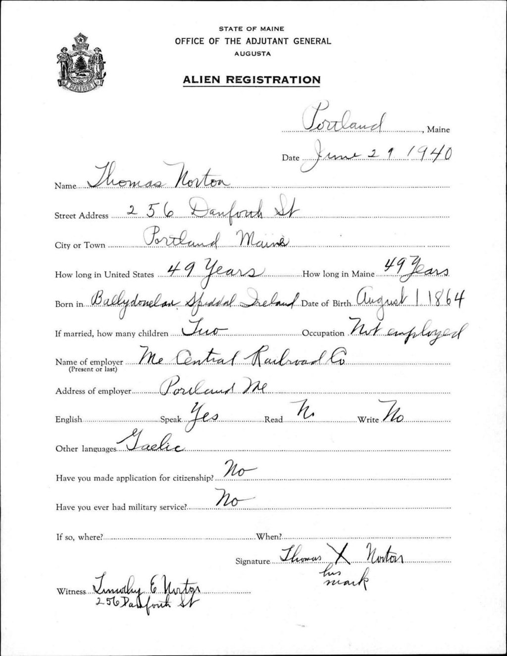 Miniature of Alien Registration- Norton, Thomas (Portland, Cumberland County)