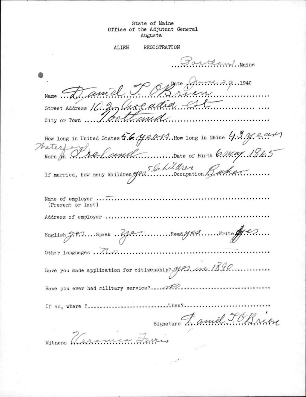 Miniature of Alien Registration- O'Brien, Daniel T. (Portland, Cumberland County)