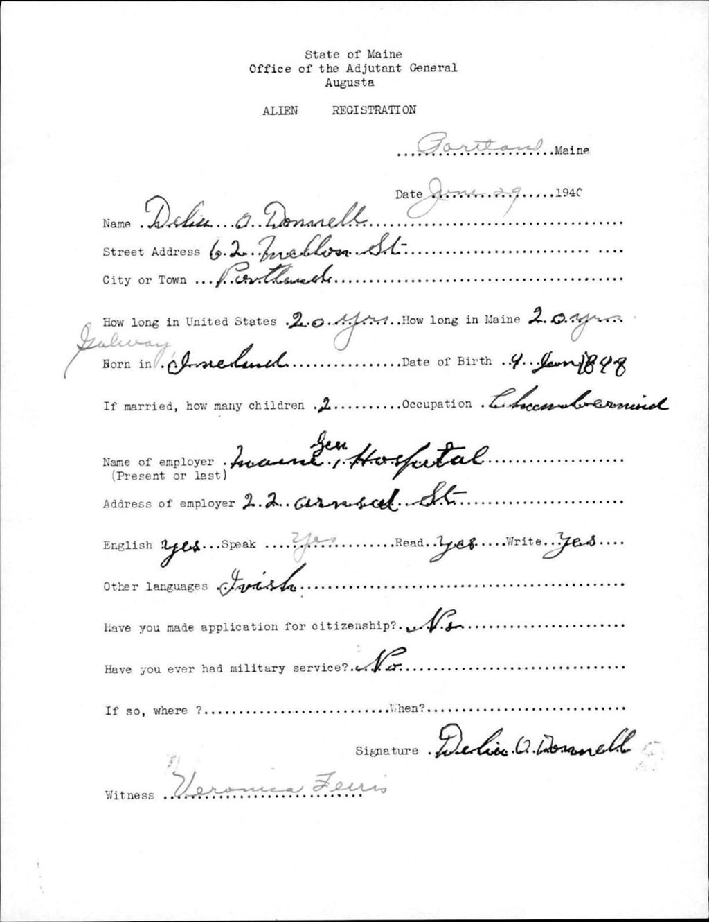 Miniature of Alien Registration- O'Donnell, Delia (Portland, Cumberland County)