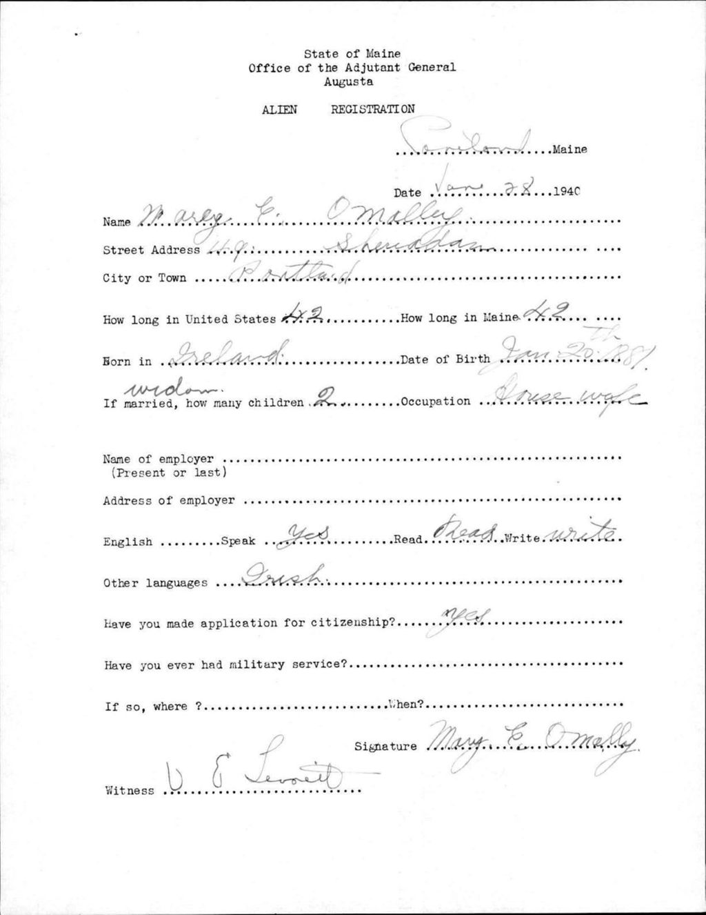Miniature of Alien Registration- O'Malley, Mary E. (Portland, Cumberland County)