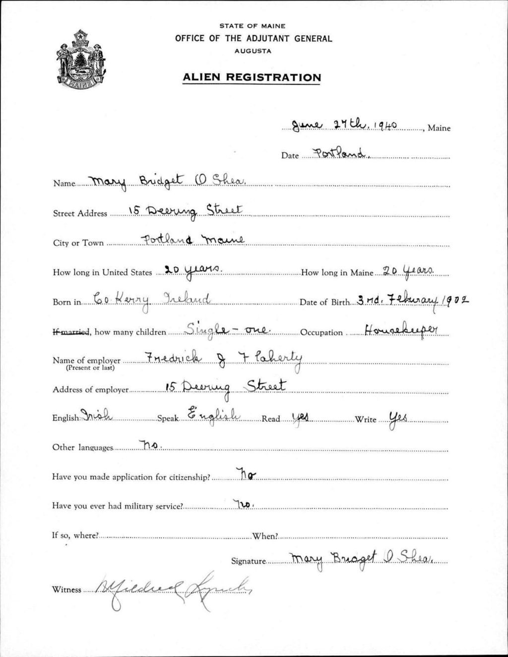 Miniature of Alien Registration- O'Shea, Mary B. (Portland, Cumberland County)