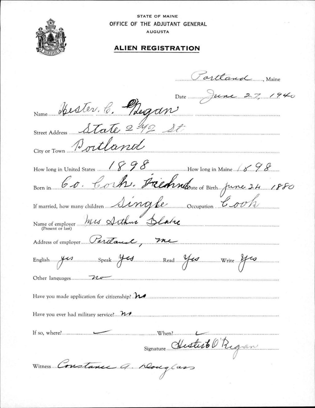 Miniature of Alien Registration- O'Regan, Hester C. (Portland, Cumberland County)