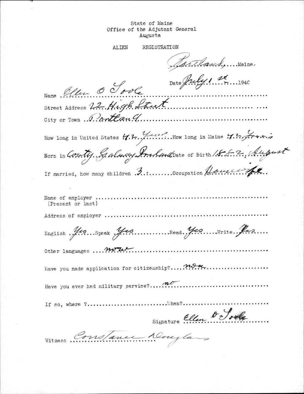 Miniature of Alien Registration- O'Toole, Ellen (Portland, Cumberland County)