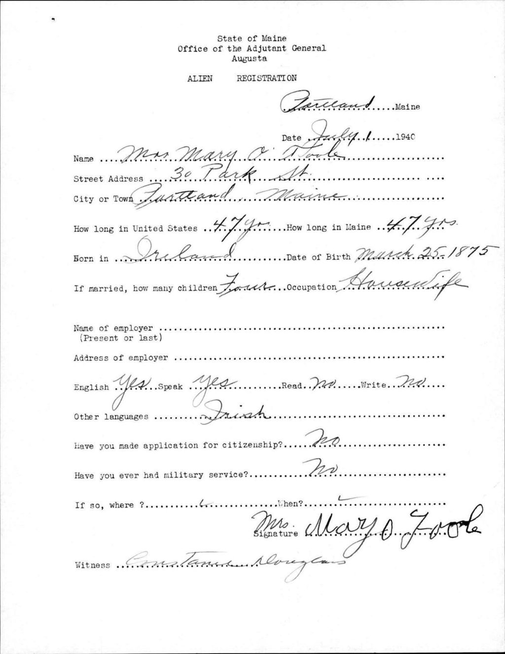 Miniature of Alien Registration- O'Toole, Mary (Portland, Cumberland County)
