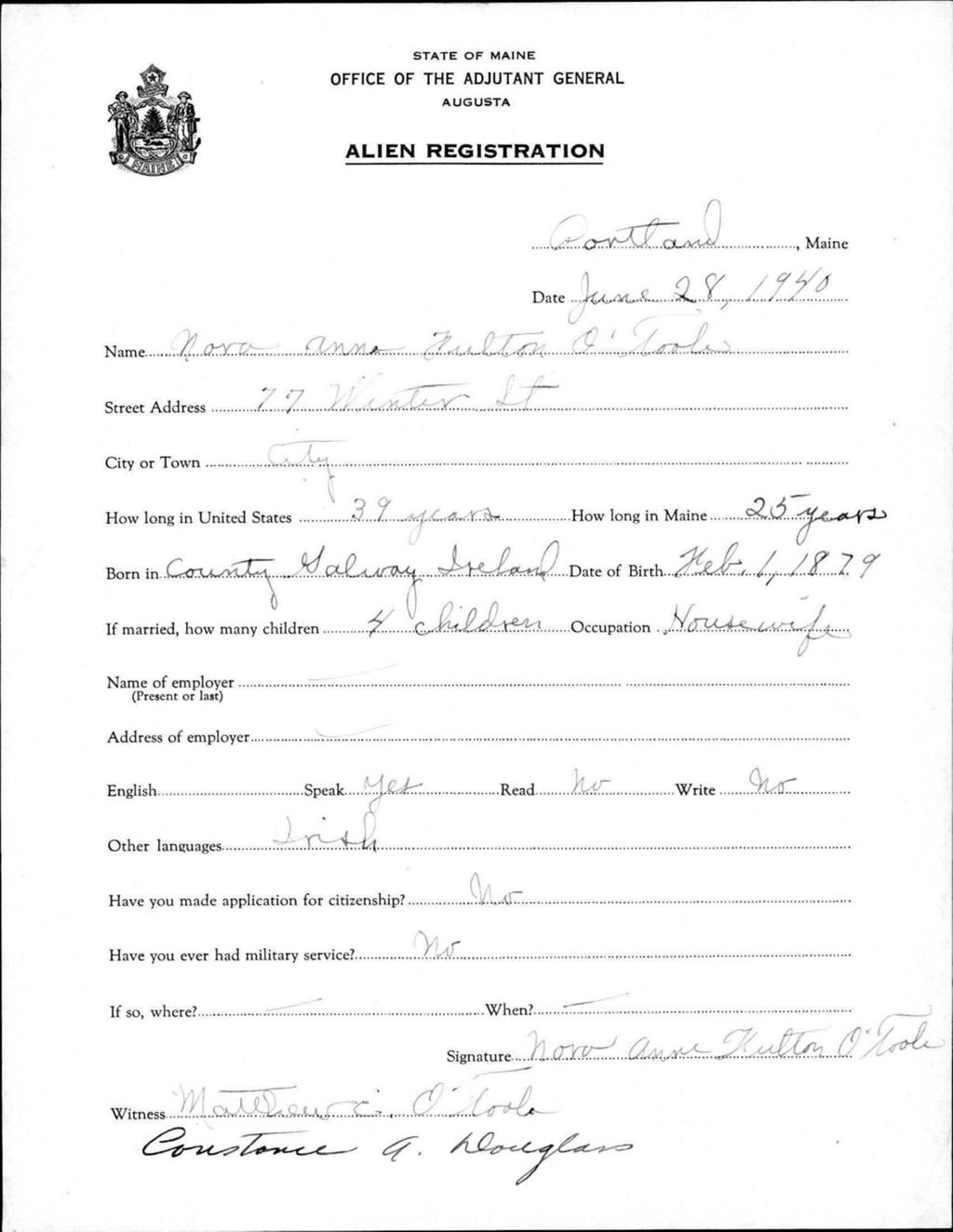 Miniature of Alien Registration- Fulton, Nora A. (Portland, Cumberland County)