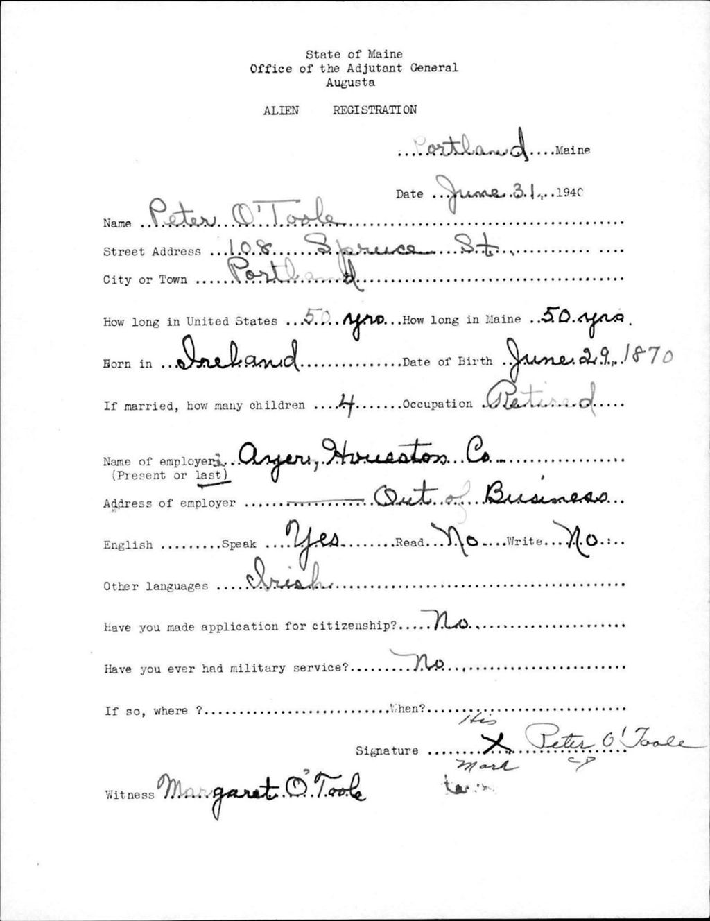 Miniature of Alien Registration- O'Toole, Peter (Portland, Cumberland County)