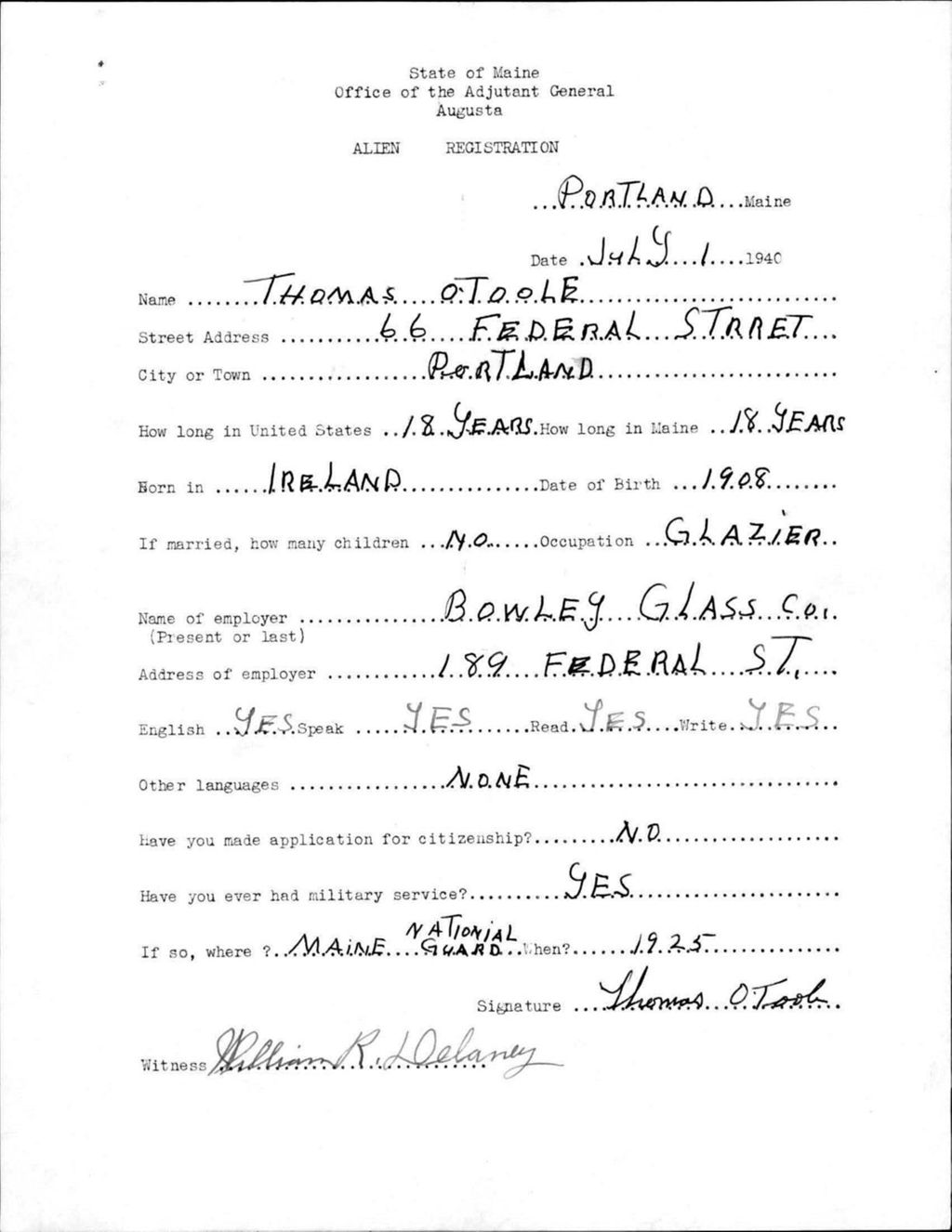 Miniature of Alien Registration- O'Toole, Thomas (Portland, Cumberland County)