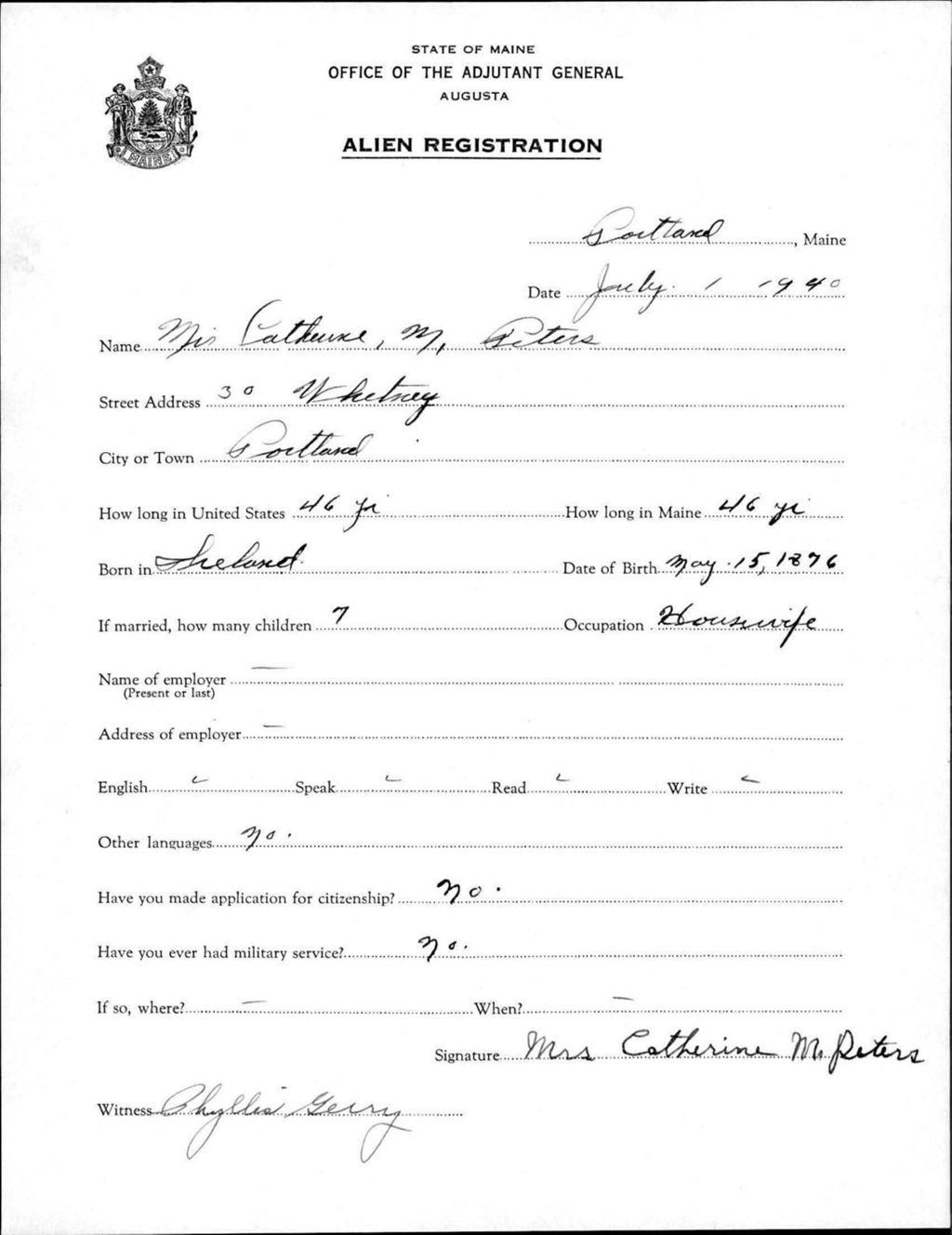 Miniature of Alien Registration- Peters, Catherine M. (Portland, Cumberland County)
