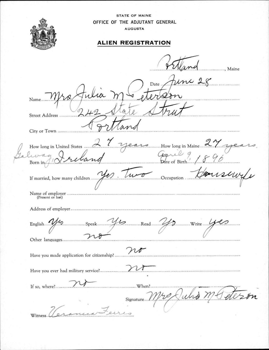 Miniature of Alien Registration- Peterson, Julia M. (Portland, Cumberland County)