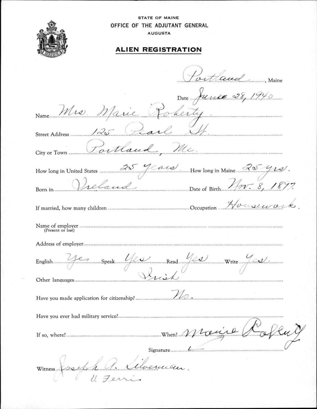 Miniature of Alien Registration- Roherty, Marie (Portland, Cumberland County)
